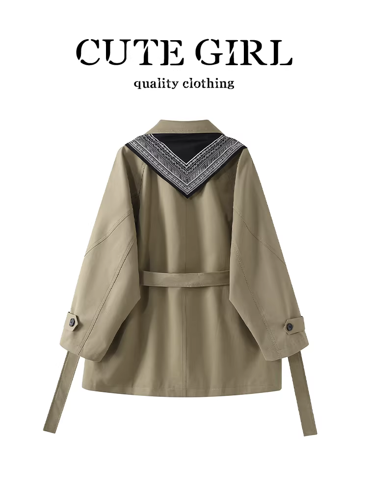 Áo khoác dài hai hàng khuy phong cách Hàn Quốc có khăn quàng cổ, áo khoác dài trung bình có ve áo cao cấp mùa thu dành cho nữ