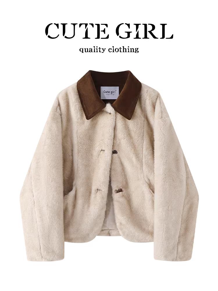 Áo khoác nhung phối màu phong cách Hàn Quốc CuteGirl dành cho nữ, mùa thu, dáng nhỏ nhắn, dáng rộng, giản dị, đa năng, giảm béo, áo khoác dày
