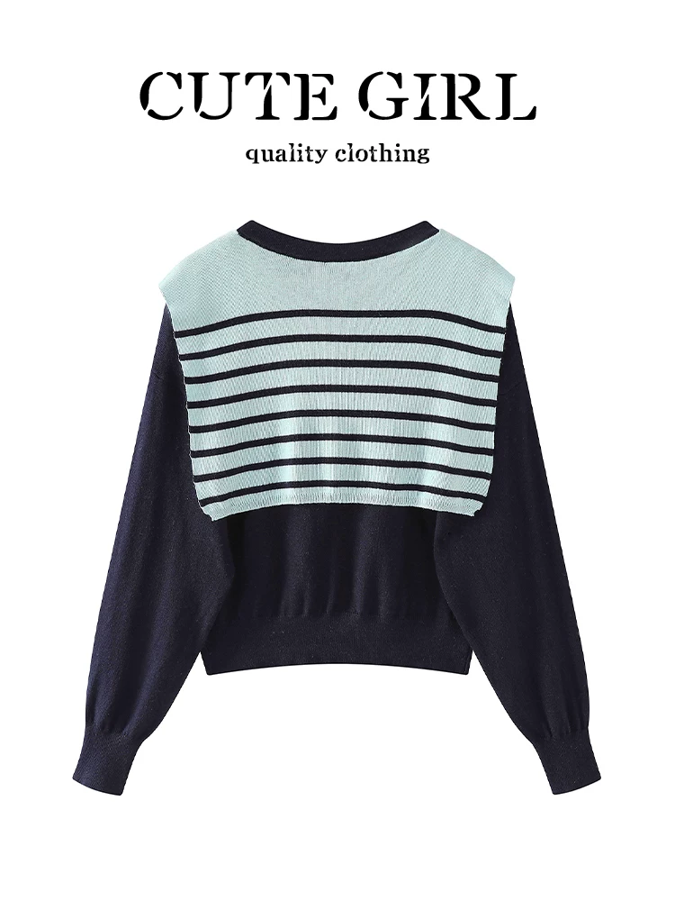 Áo len dệt kim cổ chữ V màu xanh hải quân phong cách preppy CuteGirl dành cho nữ, áo len cardigan dáng rộng thanh lịch mùa thu, đa năng