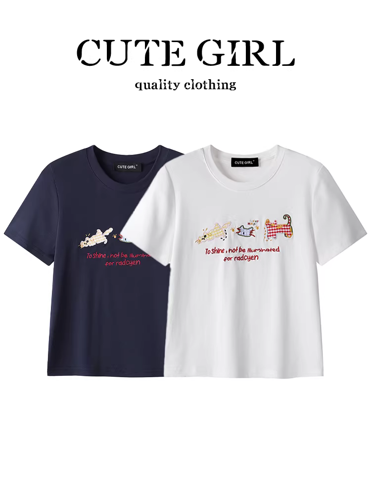 Áo thun ngắn tay màu trắng thêu hoạt hình dễ thương phong cách Hàn Quốc dành cho nữ, thiết kế mùa hè, áo giảm tuổi tác