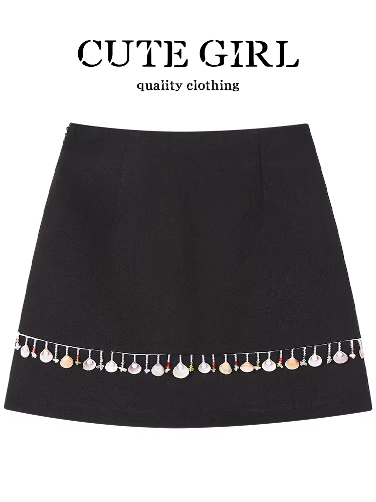 CuteGirl Váy chữ A lưng cao màu đen phong cách kỳ nghỉ Hàn Quốc dành cho nữ, váy ngắn thẳng thanh lịch mùa hè giúp giảm béo