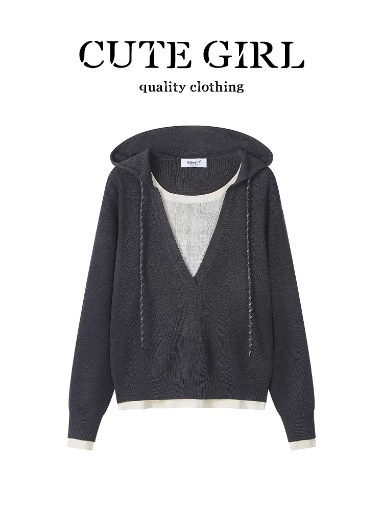 Áo len dệt kim có mũ trùm đầu giả hai mảnh màu xám phong cách Hàn Quốc dành cho nữ, phong cách lười biếng mùa thu đông, áo len dáng rộng đa năng.