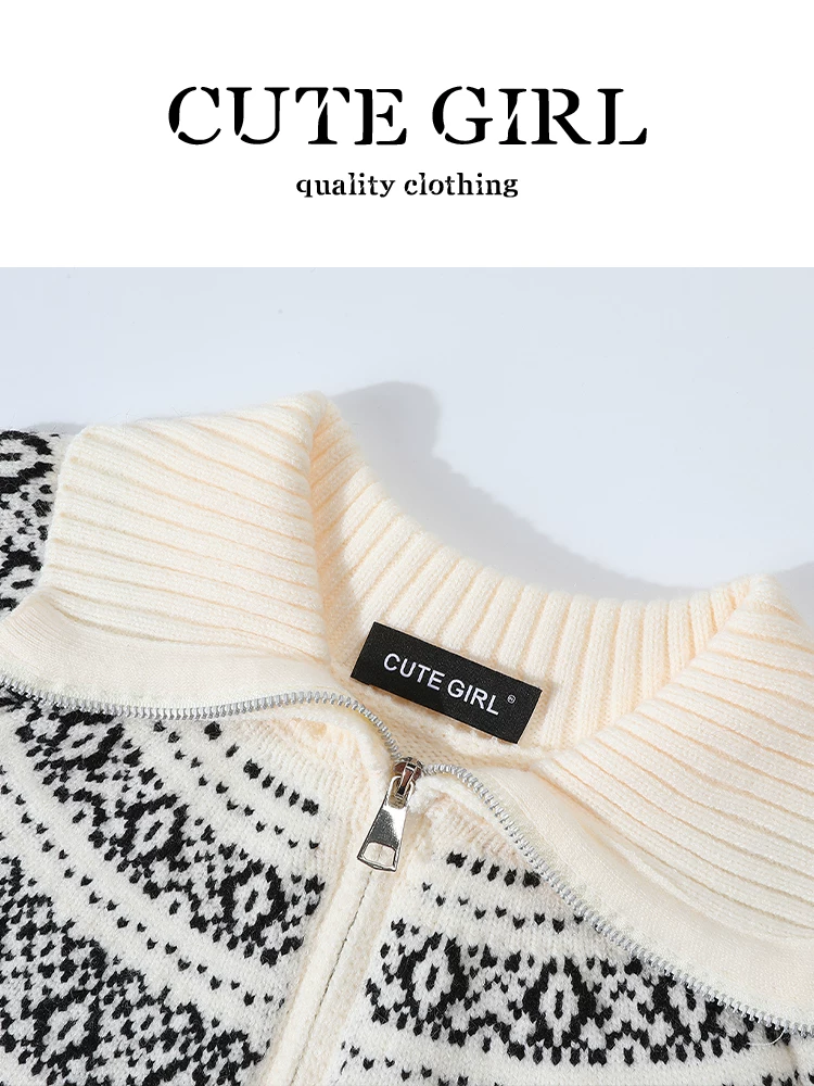 Áo len cổ điển kiểu Fair Isle jacquard của CuteGirl dành cho nữ, thiết kế mùa đông, chất liệu dệt kim rộng rãi và đa năng