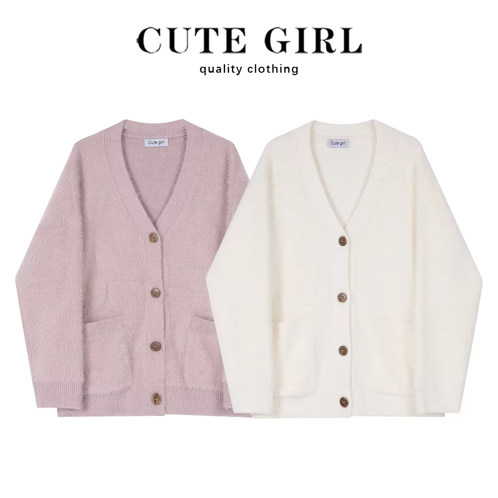 Áo len cổ chữ V màu trắng của CuteGirl dành cho nữ mùa xuân thu 2025 áo khoác cardigan dệt kim dày mới