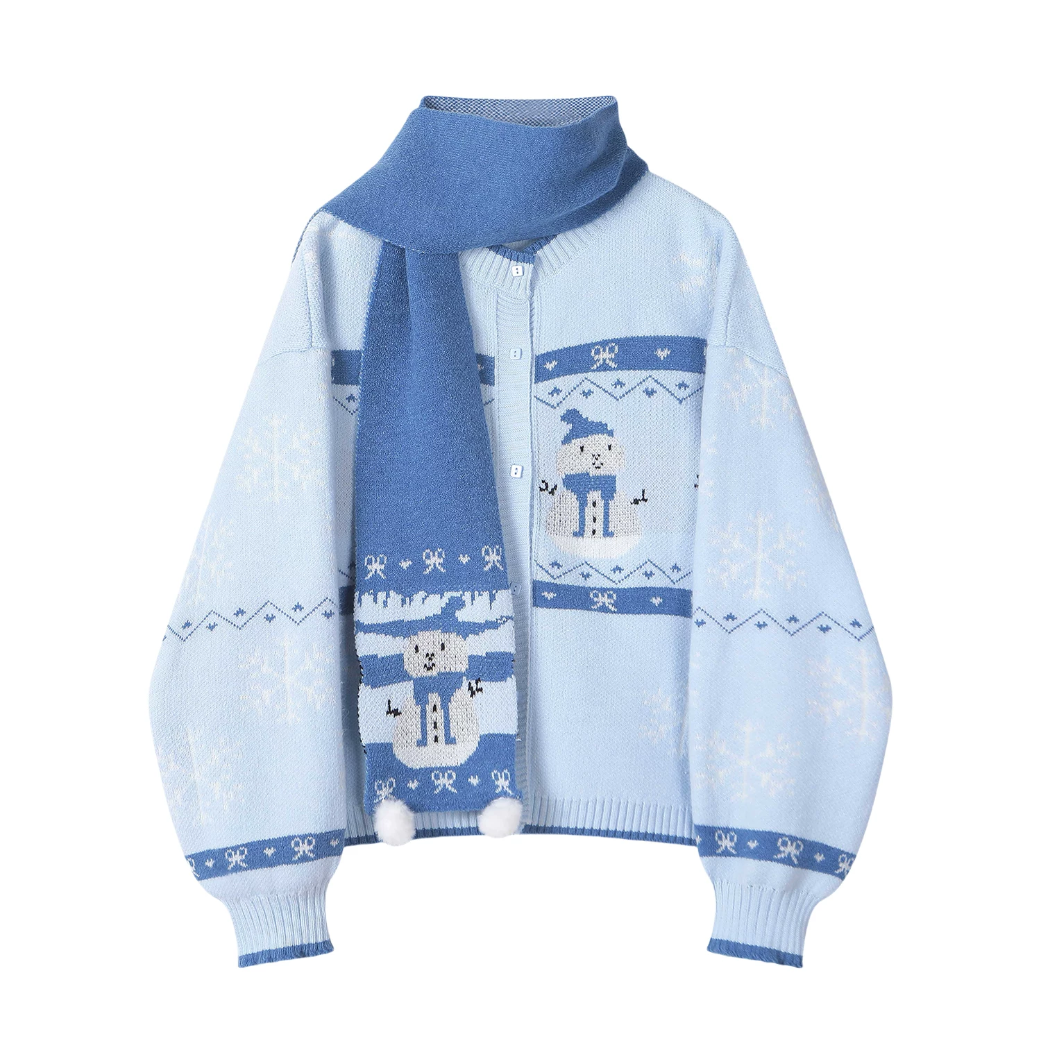 CuteGirl Trang phục Giáng sinh áo len cardigan màu xanh Fair Isle dành cho nữ mùa thu đông phong cách lười biếng đồ dệt kim mềm mại và trẻ trung