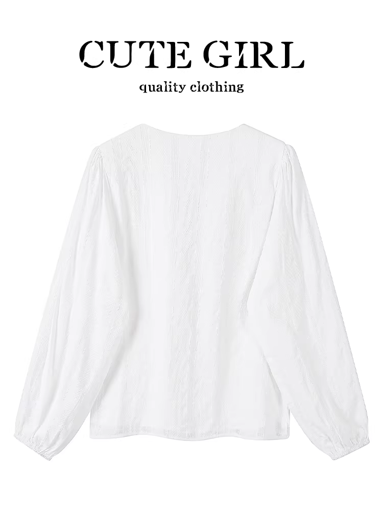 Áo sơ mi nữ màu trắng cổ chữ V phối ren phong cách Hàn Quốc dễ thương dành cho nữ đầu thu khí chất dịu dàng áo kiểu