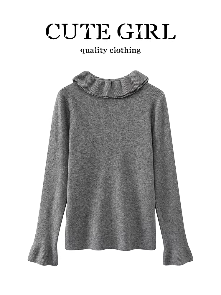 Áo len màu xám cổ ren cổ điển phong cách Hàn Quốc dành cho nữ, thiết kế thu đông, dáng ôm, áo cơ bản đa năng.