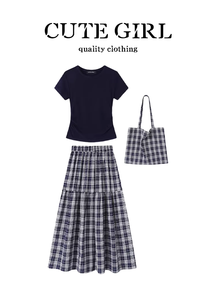 Bộ trang phục mùa hè phong cách Hàn Quốc của CuteGirl, bộ đồ hai mảnh gồm áo thun cổ tròn dài ngang vai và váy kẻ sọc dành cho nữ