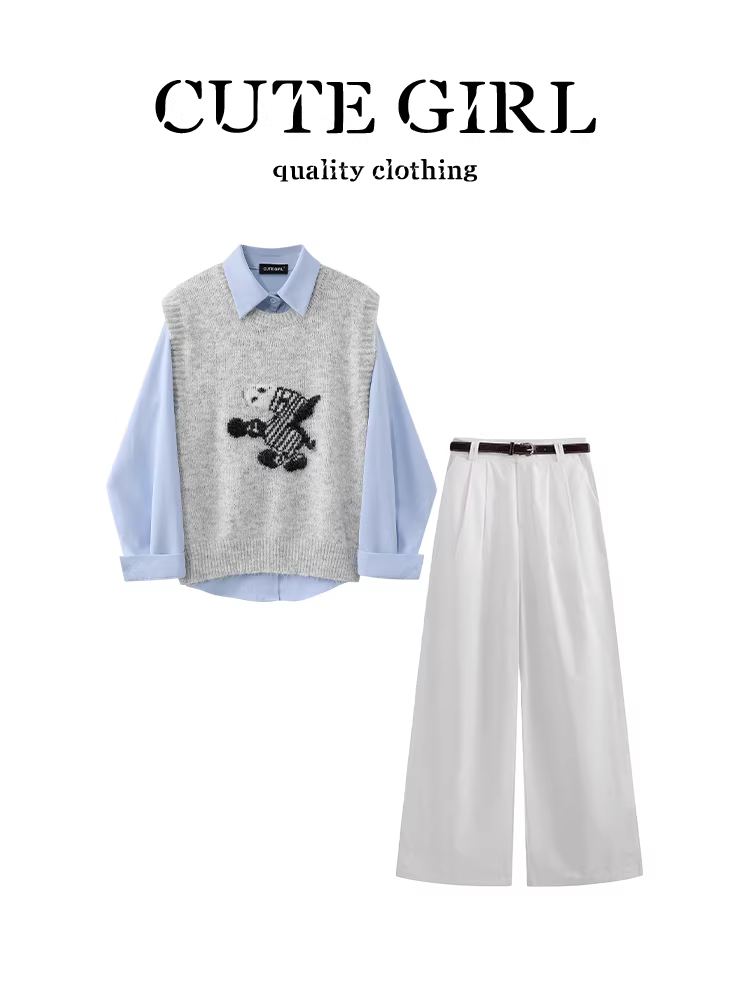 Bộ trang phục giảm tuổi tác CuteGirl dành cho nữ mùa thu đông: áo sơ mi xanh, áo vest dệt kim jacquard, bộ quần ống rộng