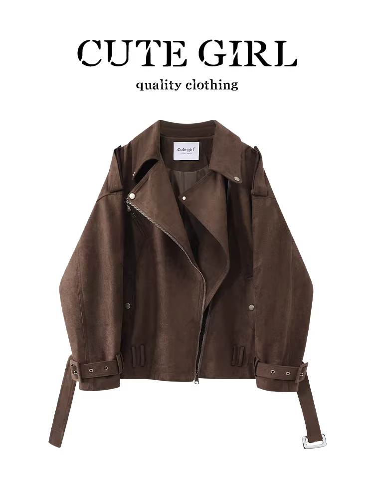 Áo khoác da lộn màu sô cô la cổ điển của CuteGirl dành cho nữ, áo khoác đa năng dáng rộng mùa thu