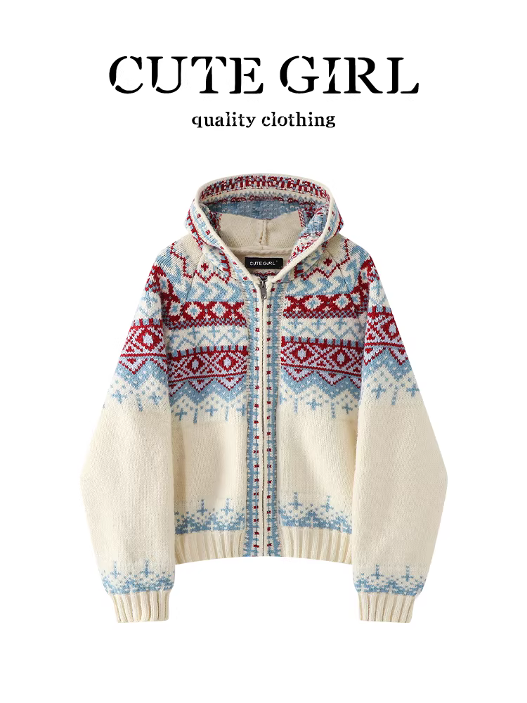 Áo khoác len có mũ trùm đầu kiểu Fair Isle phong cách Hàn Quốc dành cho nữ, phong cách Giáng sinh mùa thu đông, dáng rộng và đa năng, áo len cardigan mềm mại và ấm cúng.