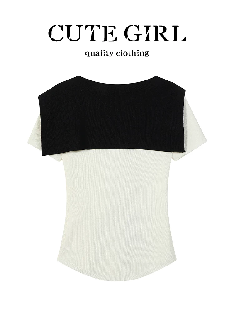 Áo thun ngắn tay cổ chữ V màu mơ phong cách preppy CuteGirl dành cho nữ, thiết kế mùa hè, dáng ôm, áo giảm tuổi tác