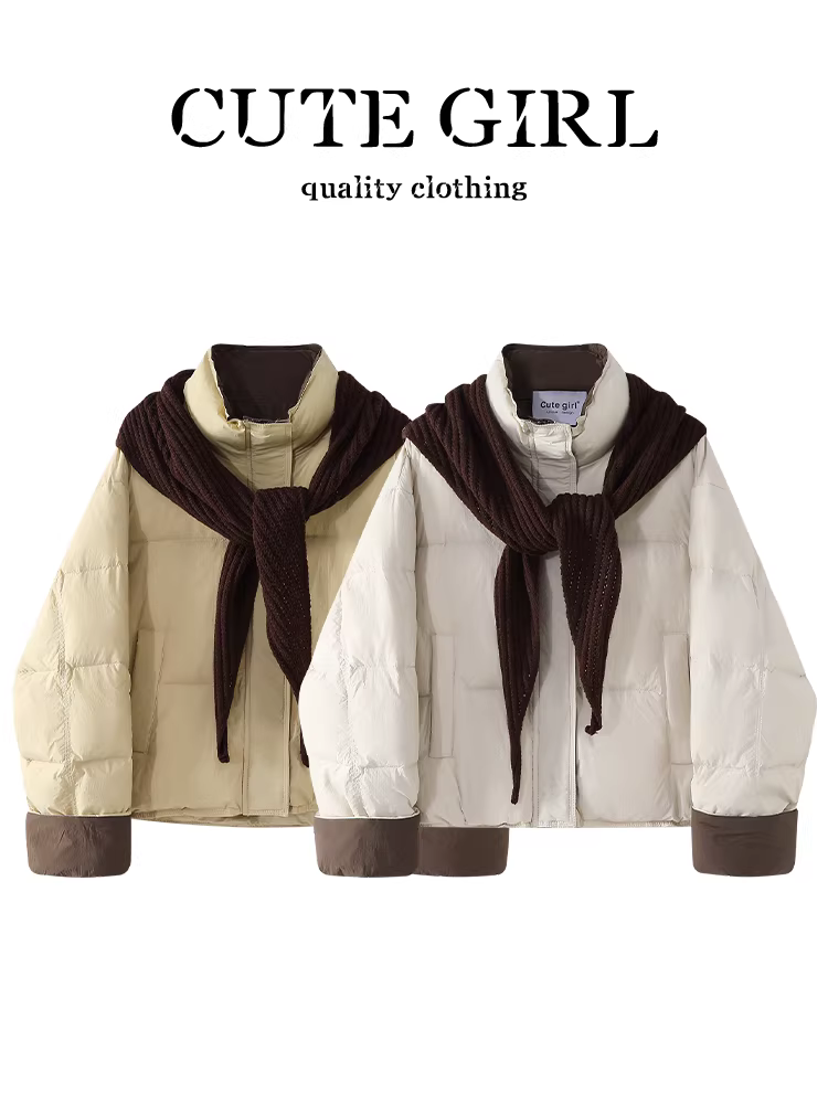 Áo khoác ngắn cổ đứng phối màu cổ điển CuteGirl dành cho nữ, mùa thu đông, phong cách preppy, rộng rãi và đa năng, có áo khoác cotton dạng khăn choàng.