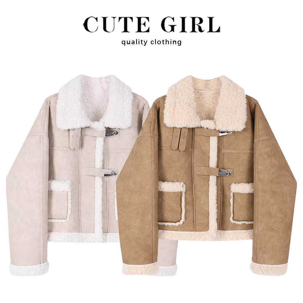 Áo khoác biker kiểu Pháp dáng nhỏ xinh, dày dặn, tích hợp lông thú và len cừu dành cho nữ, mẫu mới thu đông 2025.