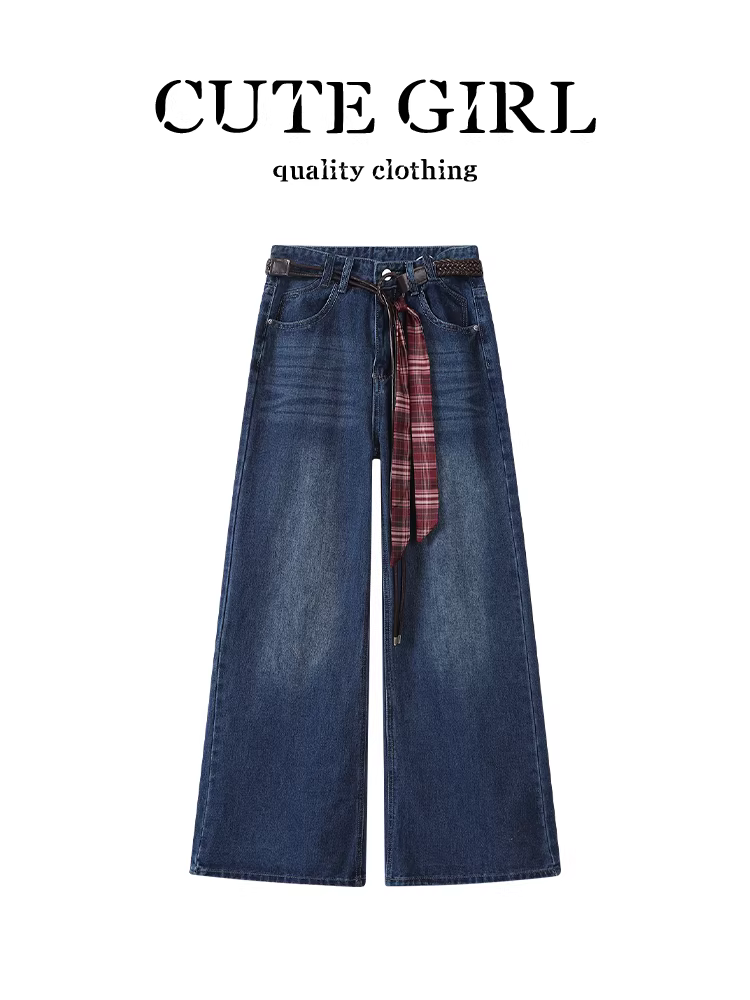 Quần jean ống loe có thắt lưng phong cách retro Hàn Quốc dành cho nữ, quần ống rộng đa năng cạp cao mùa thu