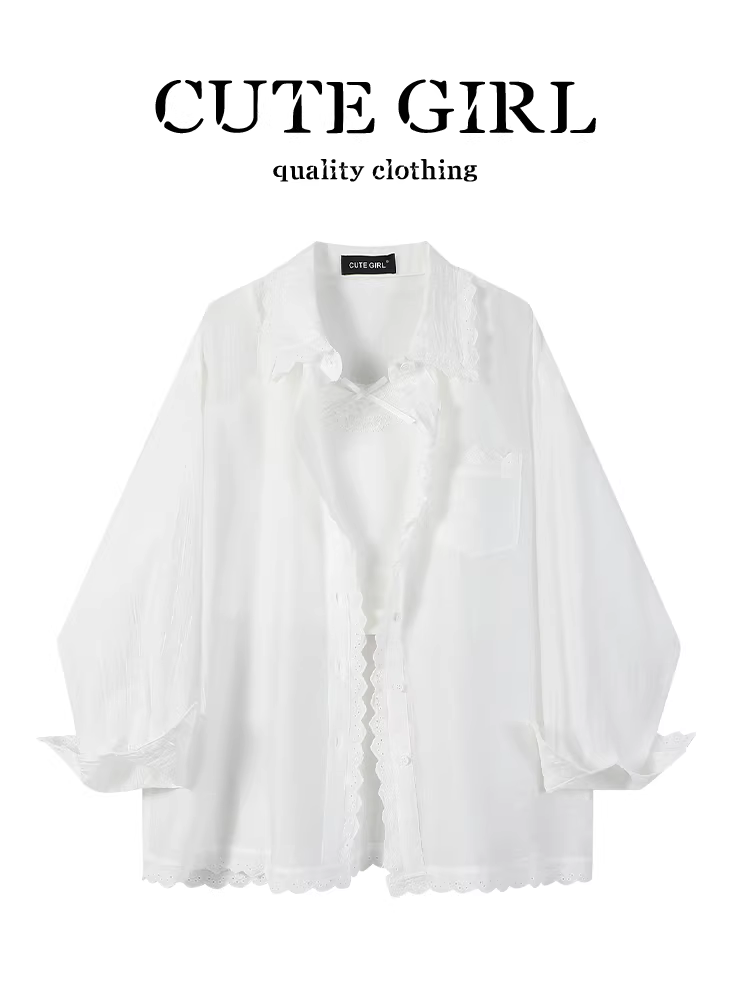 Áo chống nắng màu trắng viền ren cao cấp phong cách Pháp dành cho nữ, bộ hai mảnh mùa hè với áo yếm.