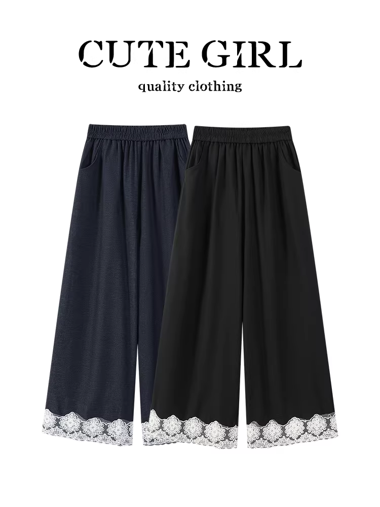 Quần âu nữ kiểu dáng thời trang màu đen có viền ren co giãn dành cho nữ, quần ống đứng cạp cao giảm béo mùa thu