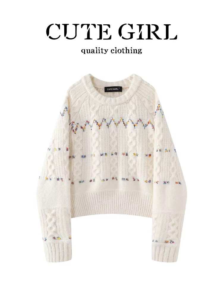 Áo len cổ tròn kiểu dáng lười biếng màu sắc phối màu dễ thương dành cho nữ, áo len dáng rộng thanh lịch mùa đông, áo mềm mại đa năng