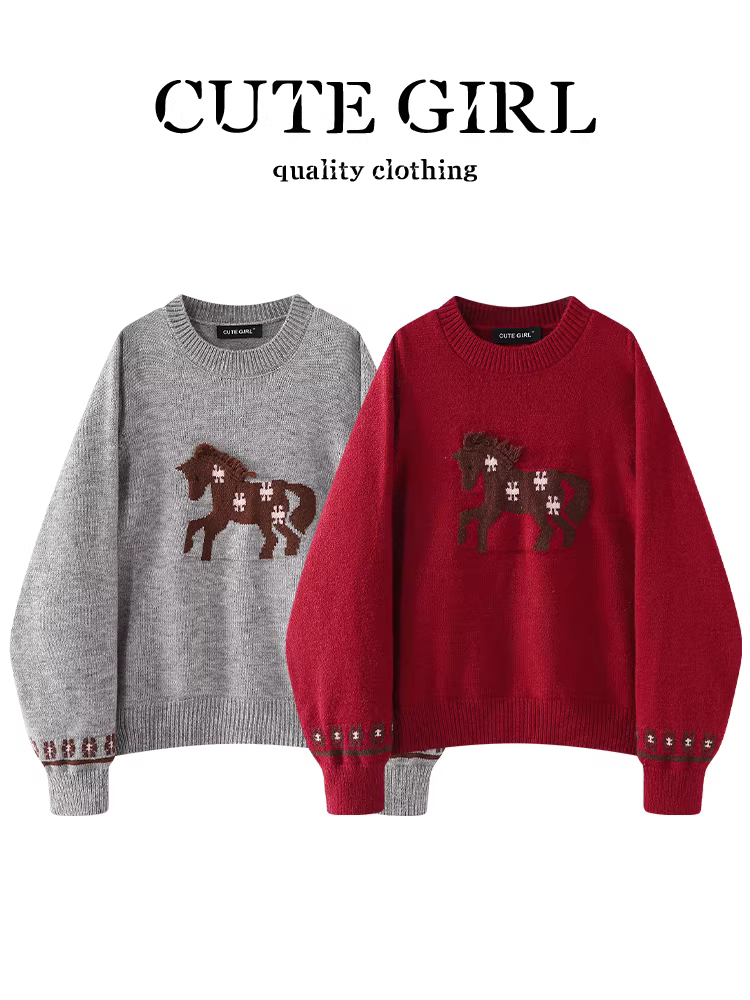 Áo len cổ tròn jacquard lấy cảm hứng từ hoạt hình của CuteGirl dành cho nữ, mùa thu đông, dáng nhỏ nhắn, dáng rộng, đa năng, áo giảm tuổi tác.