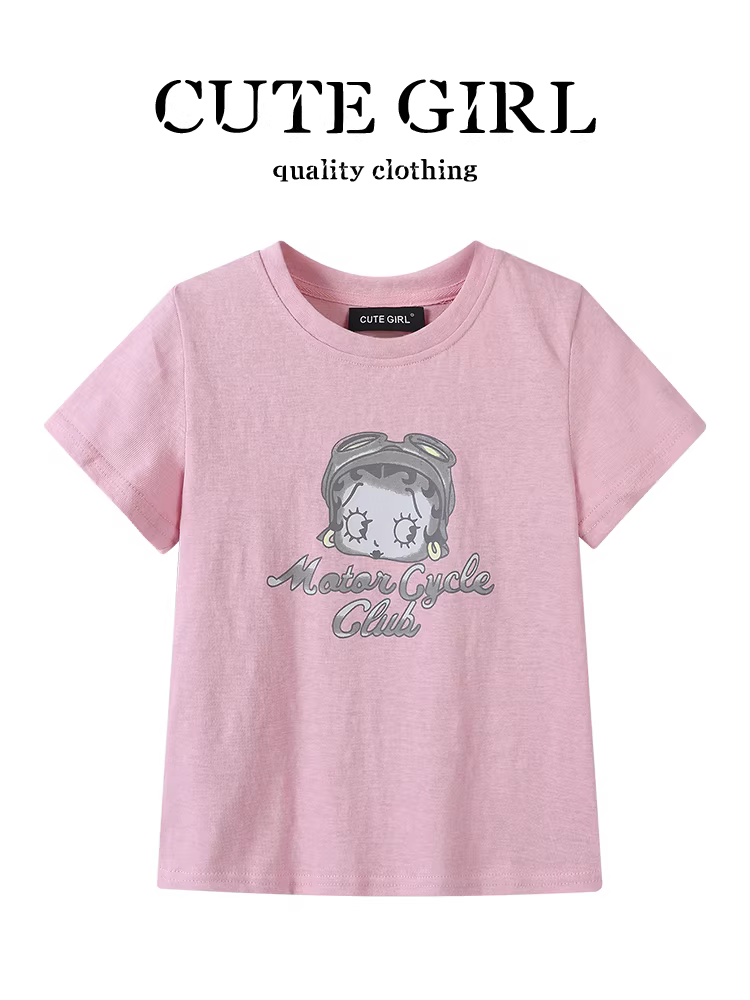 Áo thun ngắn tay màu hồng in chữ hoạt hình giảm tuổi theo phong cách Hàn Quốc dành cho nữ mùa hè áo ngắn đa năng thông thường