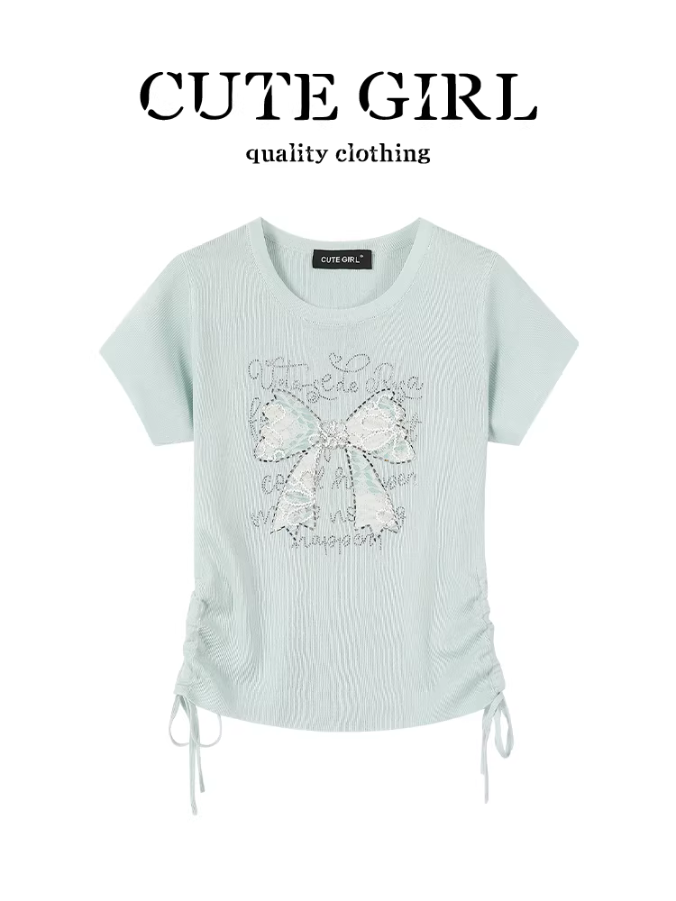 Áo thun ngắn tay có nơ đính đá phong cách dễ thương của Hàn Quốc dành cho nữ, áo thun có dây rút mùa hè thắt eo giảm béo