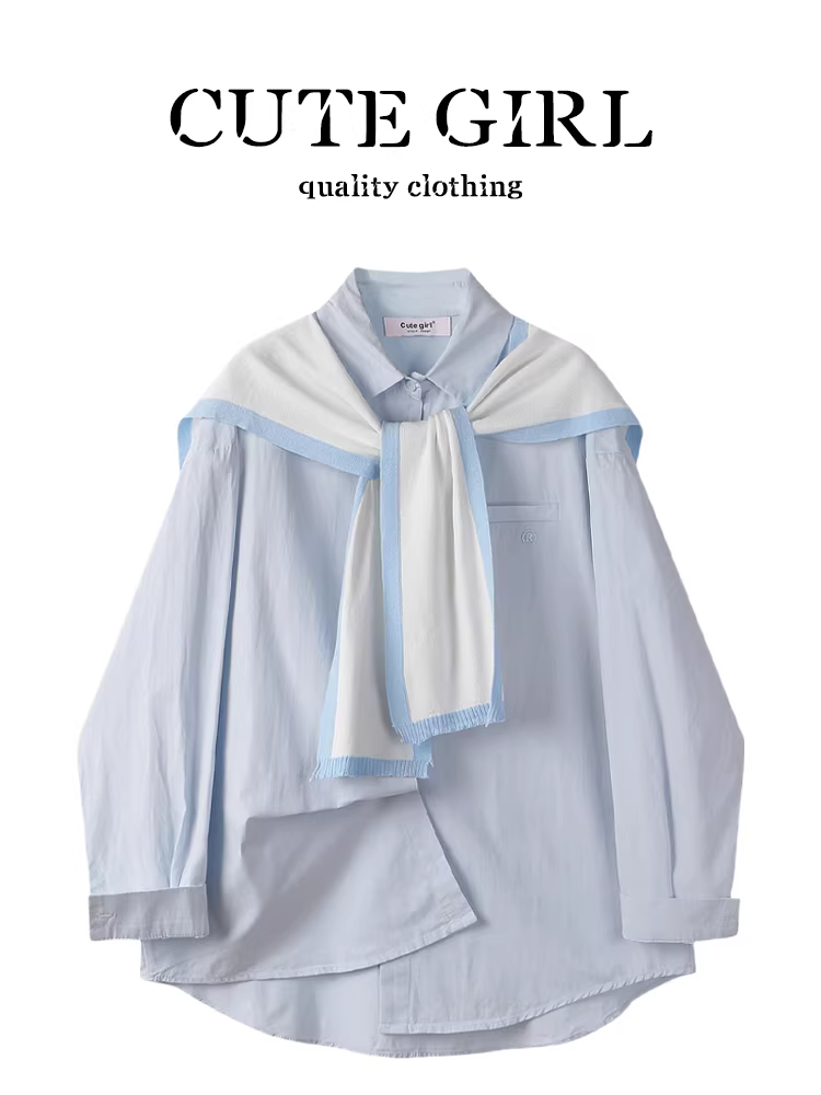 Bộ trang phục mùa xuân phong cách Hàn Quốc CuteGirl dành cho nữ, áo sơ mi dài tay màu xanh với khăn choàng dệt kim màu tương phản độc đáo, bộ hai món