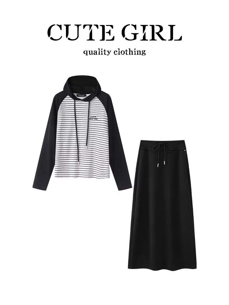 Bộ đồ hai mảnh đầu thu tuyệt đẹp của CuteGirl dành cho nữ: áo có mũ trùm đầu sọc phối màu và váy thường ngày.
