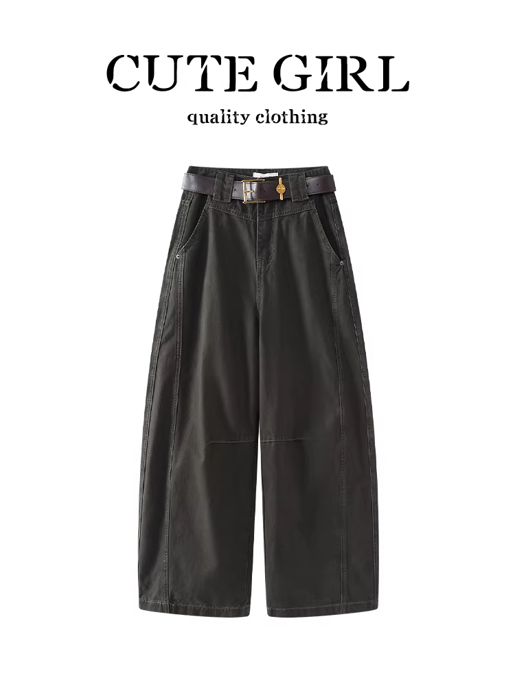 Quần jean ống rộng màu xám cổ điển của CuteGirl dành cho nữ, mùa thu đông, nhỏ nhắn, lưng cao, giảm béo, quần đa năng