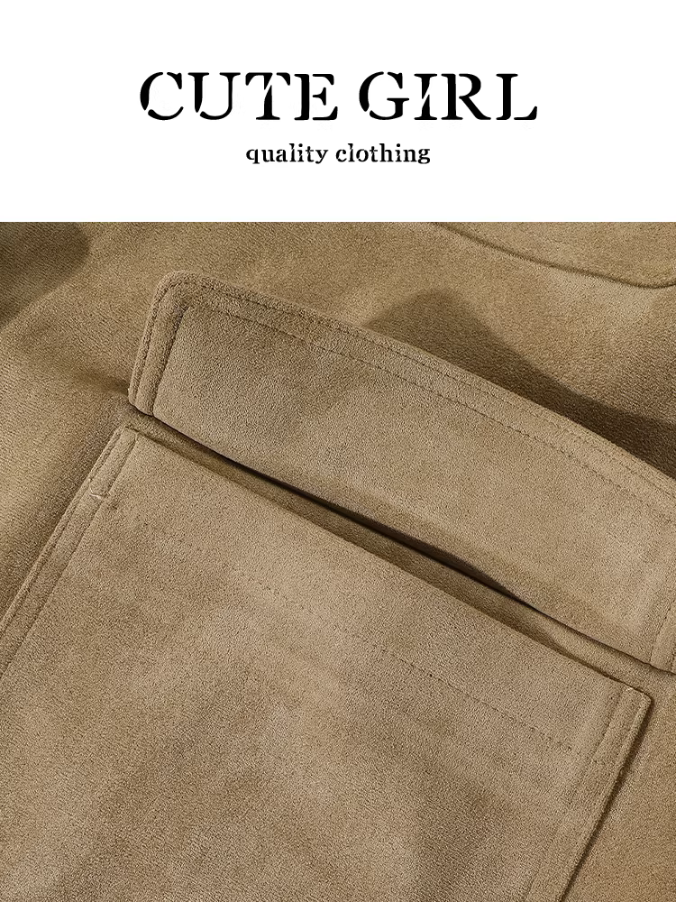 Áo khoác da lộn màu kaki cổ điển CuteGirl dành cho nữ, mùa thu đông, áo khoác đa năng và dày dặn