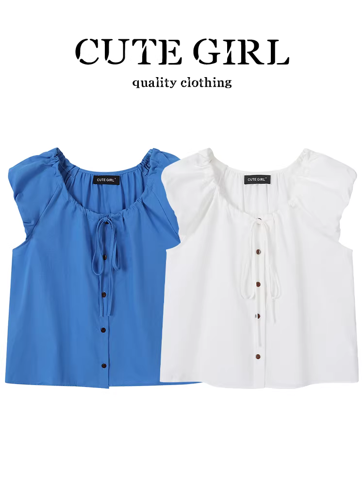 Áo sơ mi không tay màu trắng kiểu Hàn Quốc dễ thương và trẻ trung dành cho nữ, áo babydoll cổ tròn buộc dây mùa hè