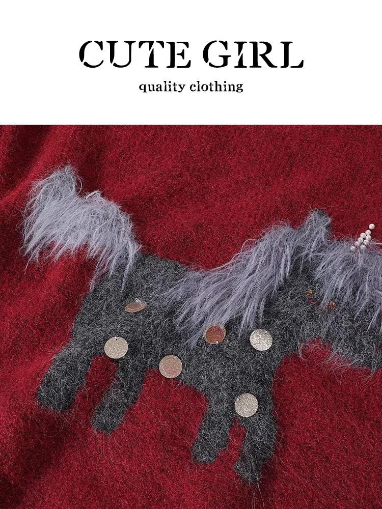 Áo len cổ tròn jacquard màu cà phê cổ điển CuteGirl dành cho nữ, phong cách Giáng sinh mùa đông, áo sequin rộng rãi và đa năng