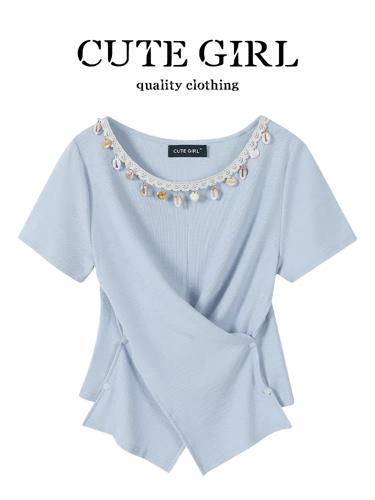 Áo thun ngắn tay kiểu bohemian bất đối xứng kiểu dáng bohemian dành cho nữ, xu hướng hàng đầu đầu mùa hè độc đáo và đẹp mắt