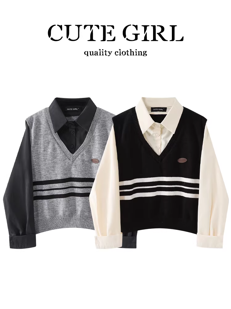 Bộ trang phục hoàn chỉnh của CuteGirl dành cho nữ mùa thu: áo sơ mi cổ polo màu mơ và bộ áo vest dệt kim màu đen.
