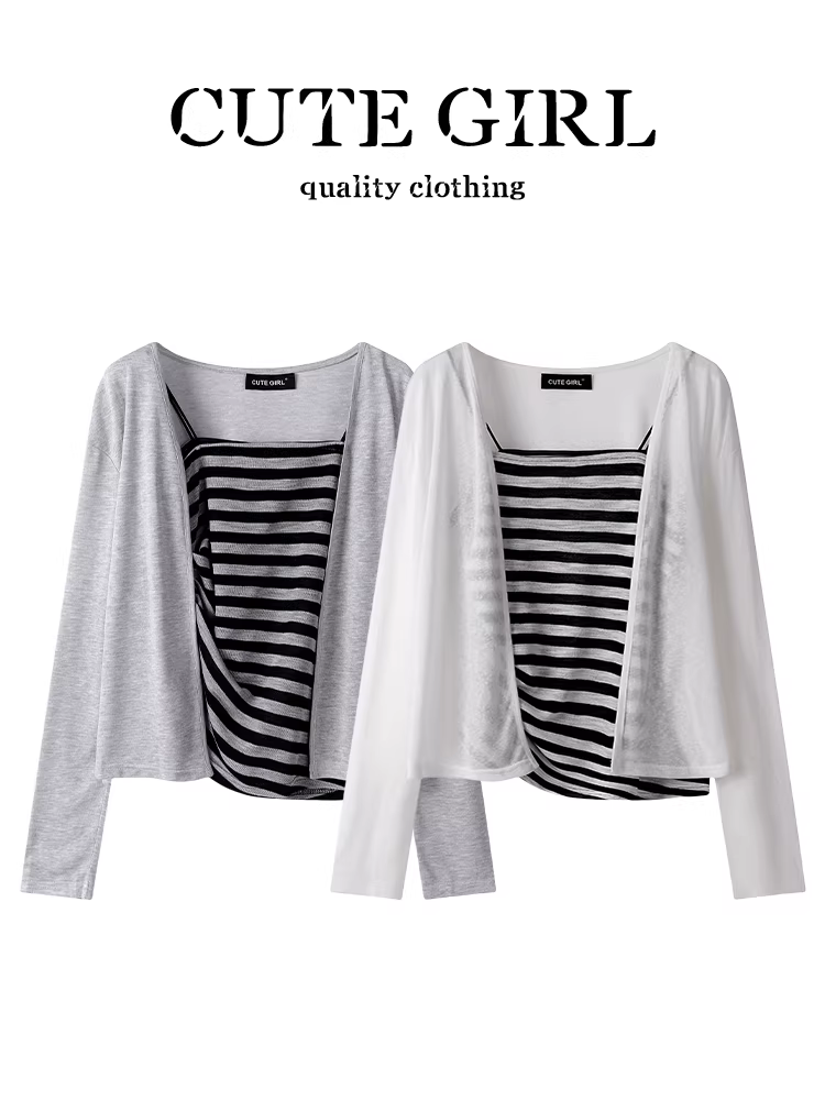 Bộ hai món áo yếm sọc xếp ly giản dị phong cách Hàn Quốc của CuteGirl kết hợp với áo cardigan chống nắng màu trắng dành cho nữ trong mùa hè.