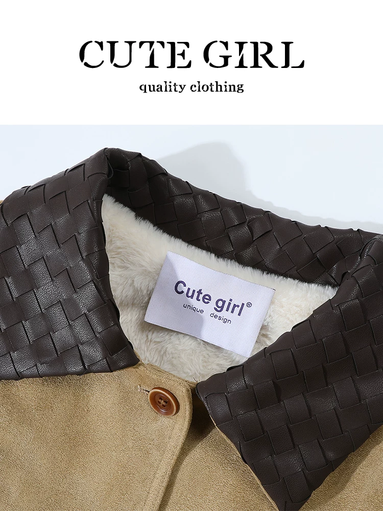 Áo khoác da lộn lót lông cừu phong cách cổ điển CuteGirl Barn dành cho nữ, áo khoác đi xe máy dài vừa phải cho mùa thu đông.