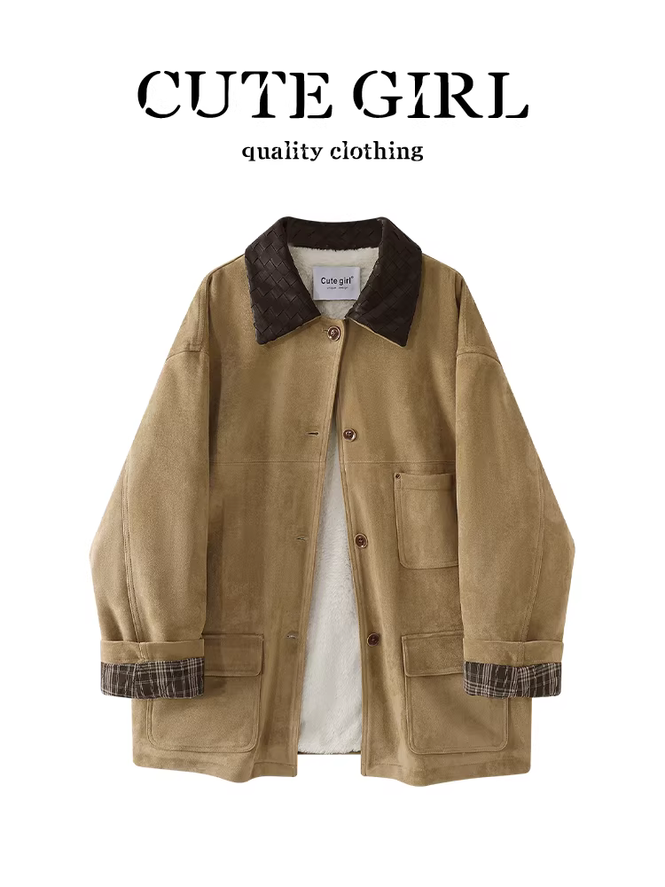 Áo khoác da lộn màu kaki cổ điển CuteGirl dành cho nữ, mùa thu đông, áo khoác đa năng và dày dặn