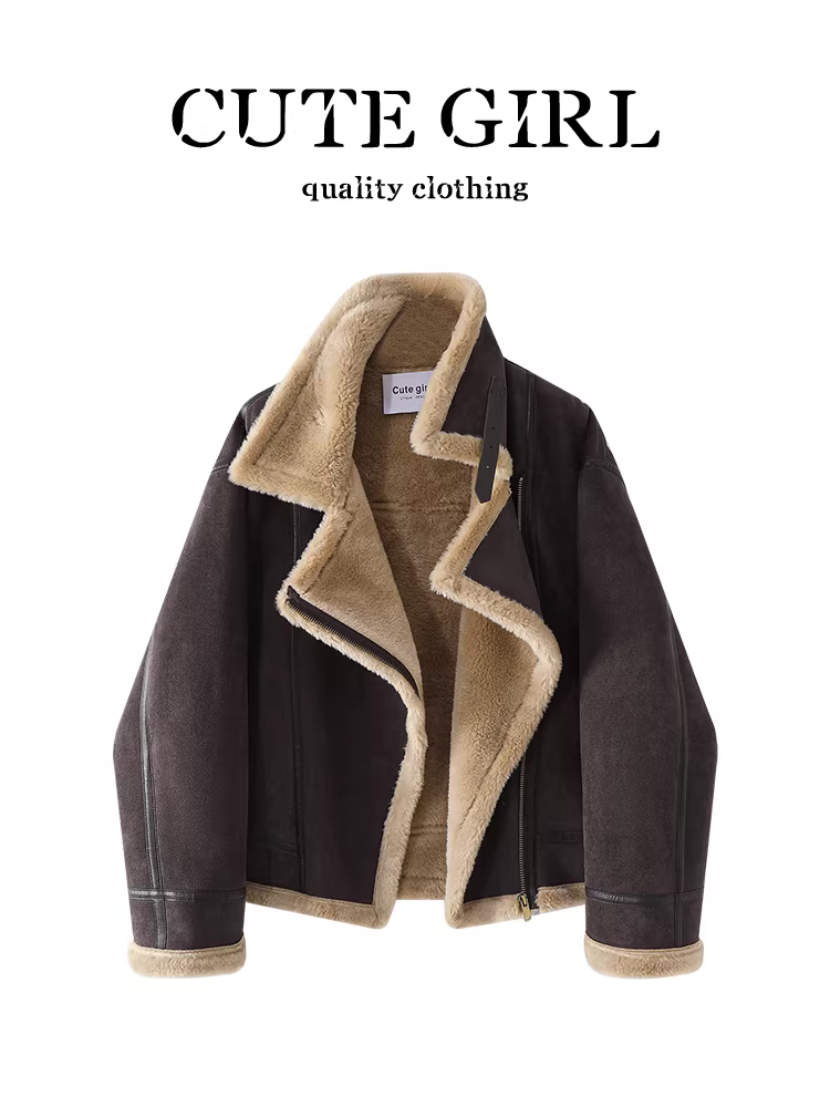 Áo khoác len cừu tích hợp lông màu cà phê phong cách CuteGirl Barn dành cho nữ, mùa thu đông, áo khoác thanh lịch, rộng rãi và đa năng