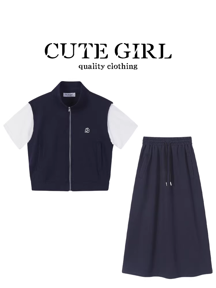 CuteGirl thời trang Hàn Quốc áo thể thao giả hai mảnh dành cho nữ mùa xuân co giãn váy thẳng lưng cao bộ hai mảnh