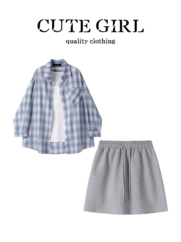 Bộ trang phục giảm tuổi tác CuteGirl dành cho nữ đầu thu áo sơ mi dài tay kẻ sọc váy ba mảnh