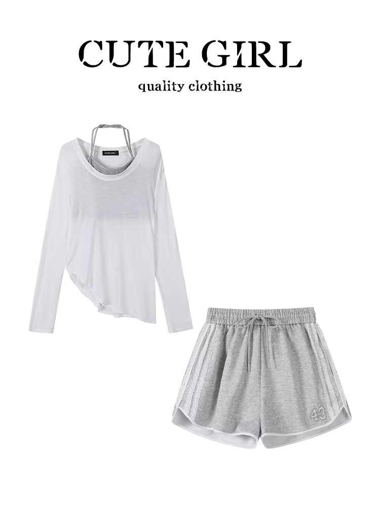 CuteGirl phong cách Hàn Quốc giản dị chống nắng áo thun dài tay chống nắng che nắng mùa hè dành cho nữ quần short dây buộc ba món