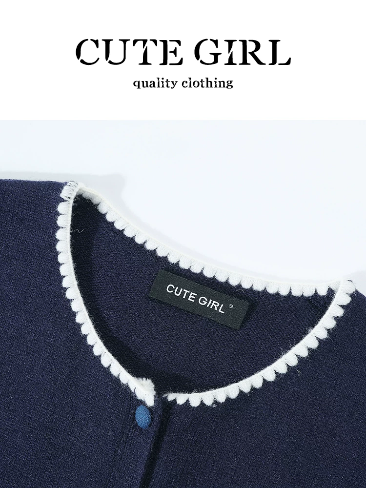 CuteGirl Áo sơ mi cổ polo màu xanh phong cách Hàn Quốc Áo vest dệt kim màu xanh hải quân dành cho nữ mùa thu trang phục thường ngày đa năng