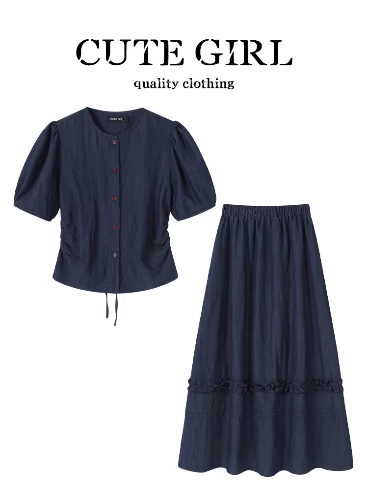 CuteGirl phong cách Hàn Quốc thanh lịch có dây buộc eo, tay phồng, áo sơ mi ngắn tay, váy chữ A mùa hè dành cho nữ, bộ hai món