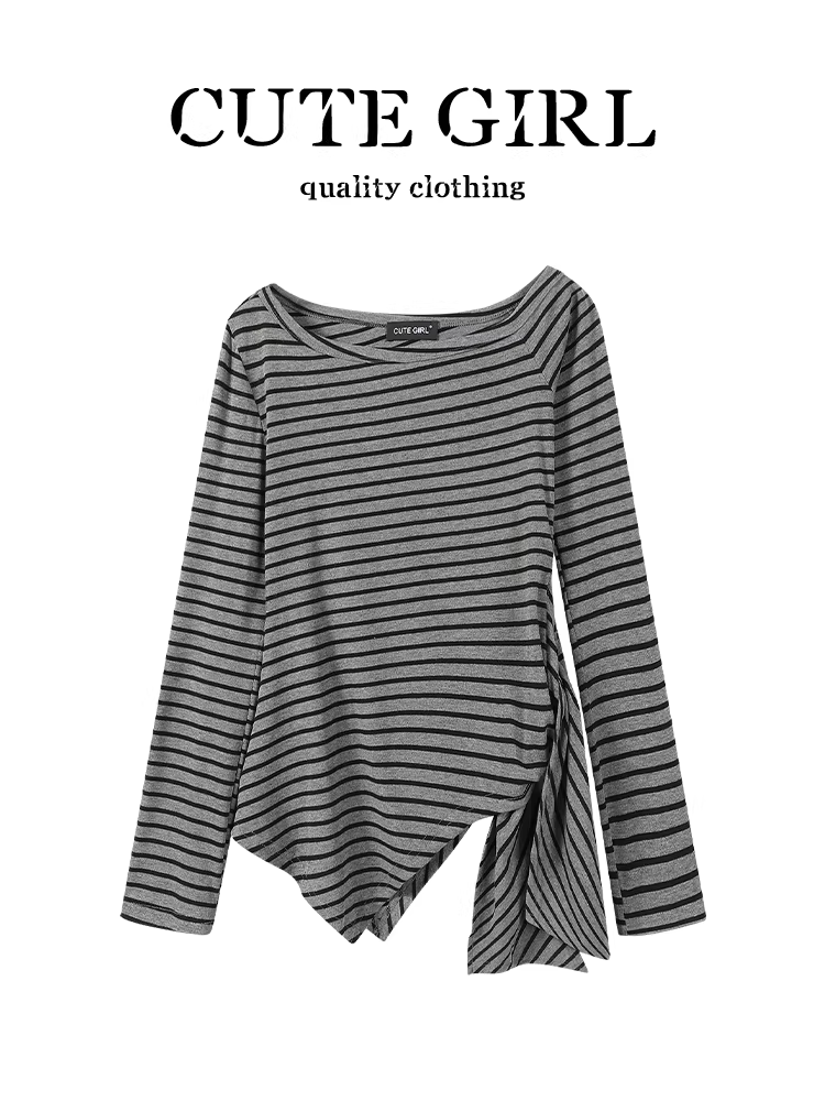 Áo thun dài tay lệch vai phối màu phong cách Hàn Quốc CuteGirl dành cho nữ, áo dáng ôm đa năng thanh lịch mùa thu