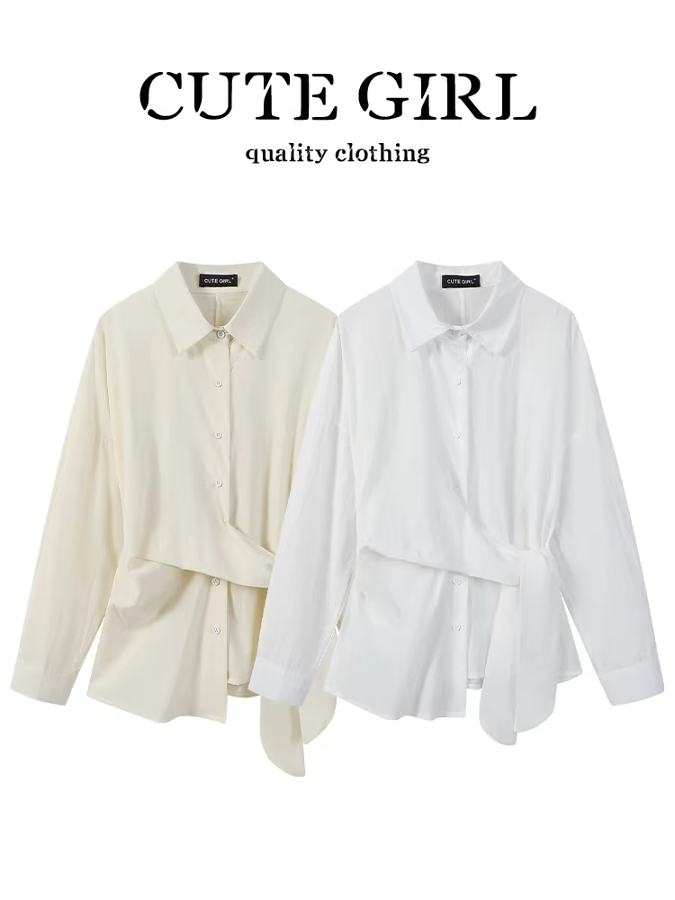 Áo sơ mi buộc dây màu trắng phong cách Pháp dễ thương dành cho nữ, áo kiểu dáng rộng dáng rộng cao cấp mùa thu, áo đa năng