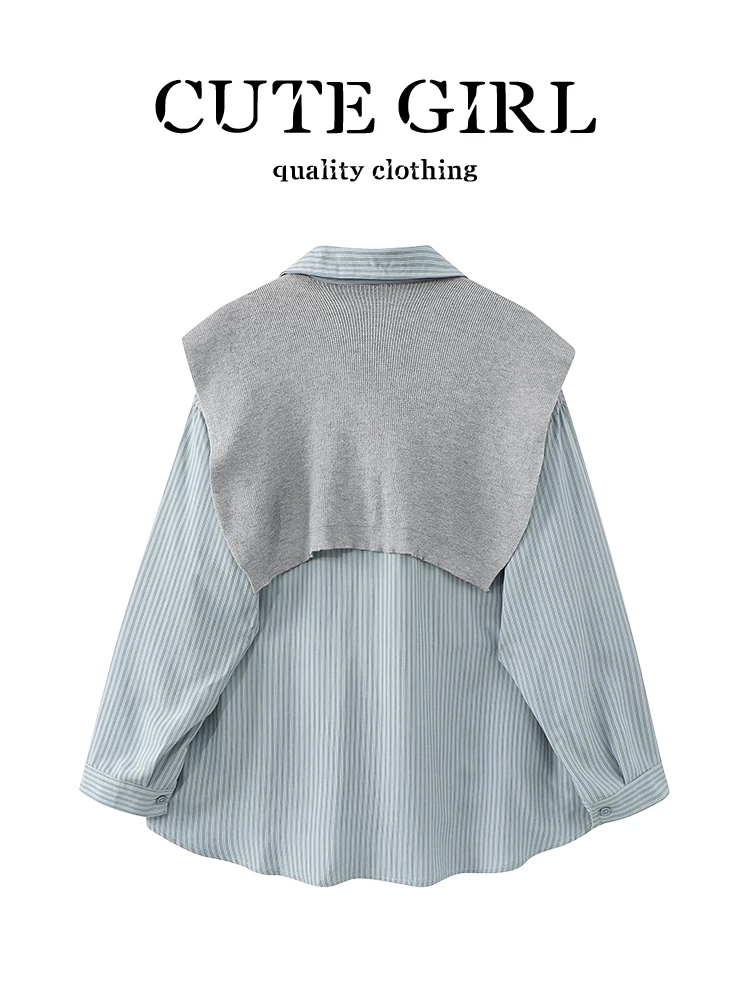 Áo sơ mi sọc xanh giảm tuổi tác phong cách Hàn Quốc dễ thương dành cho nữ, phong cách preppy mùa thu với khăn choàng, áo sơ mi dài tay dáng rộng