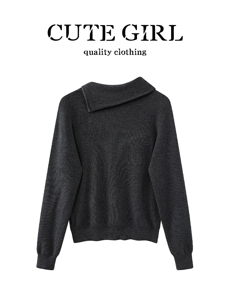 Áo len cổ điển màu xám đậm phong cách retro của CuteGirl dành cho nữ trong mùa thu đông, áo len dáng rộng, giản dị và đa năng