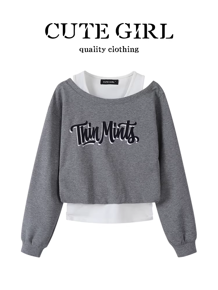 Áo len in hình chắp vá màu xám phong cách Hàn Quốc dành cho nữ, thiết kế mùa thu, dáng rộng và đa năng, áo giảm tuổi tác