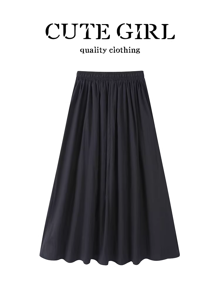 Váy eo thun cổ điển phong cách Hàn Quốc dành cho nữ, thiết kế mùa thu, váy ô dù lưng cao, thon gọn, đa năng và độc đáo.