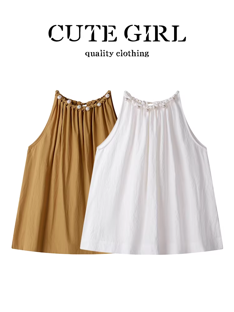 Áo vest không tay cổ yếm xếp ly ngọc trai cao cấp phong cách Pháp dành cho nữ, thiết kế mùa hè với áo buộc dây.
