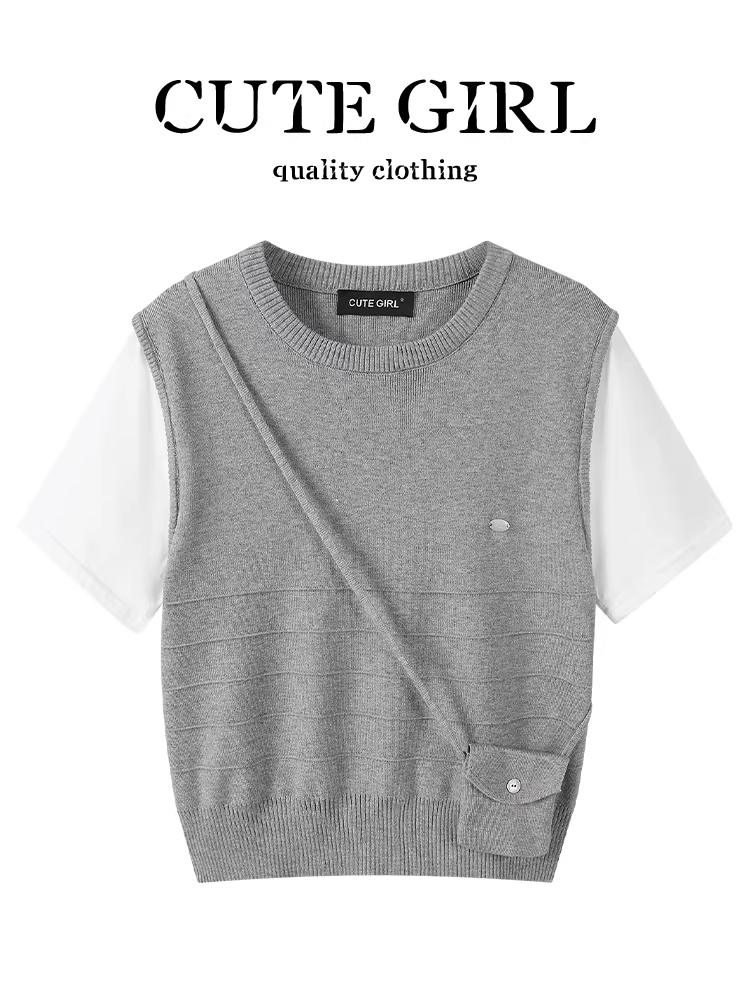 Áo dệt kim ngắn tay giả hai mảnh lấy cảm hứng từ thiết kế CuteGirl dành cho nữ, đầu thu, cỡ nhỏ, dáng rộng, đa năng, áo giảm tuổi tác.